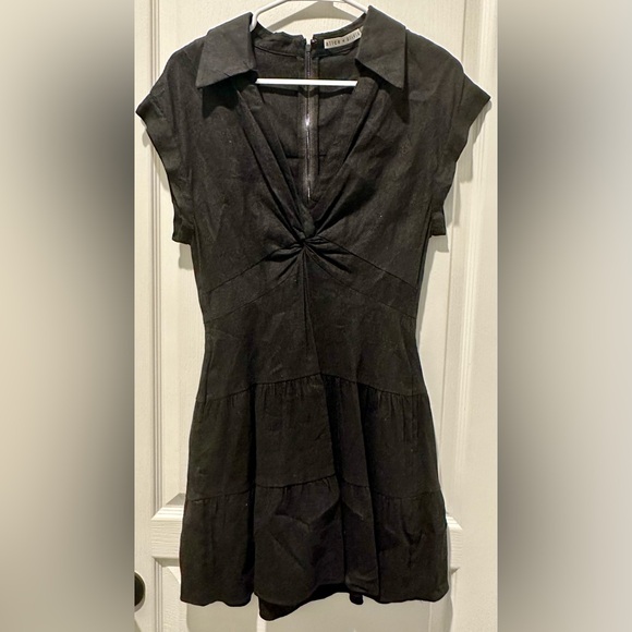 Alice + Olivia Sleeveless Mila Linen Twist Front Black Mini Dress - Picture 3 of 11